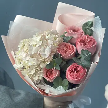 Дуо-букет пионовидных роз Pink Expression и гортензий S