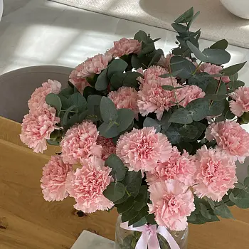 Интерьерный букет из 25 розовых гвоздик и эвкалипта