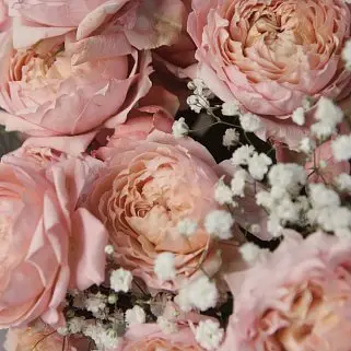Букет пионовидных роз Juliet и гипсофилы