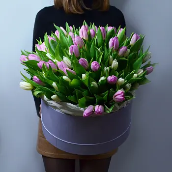 Букет из 101 тюльпана в шляпной коробке