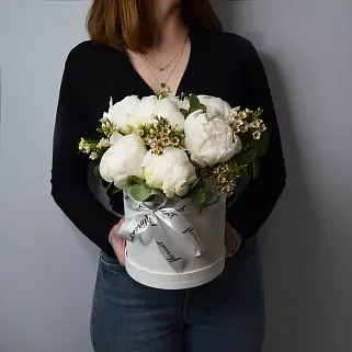 Букет в шляпной коробке из 7 белых пионов и ваксфлауэра