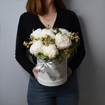 Букет в шляпной коробке из 7 белых пионов и ваксфлауэра