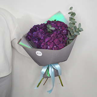 Букет из 3 фиолетовых гортензий и эвкалипта