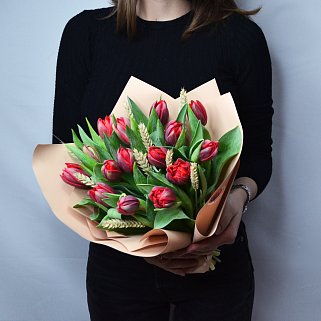 Букет из 15 красных пионовидных тюльпанов с колосками