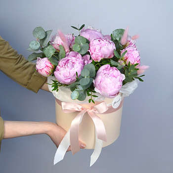 Букет в шляпной коробке из 11 пионов